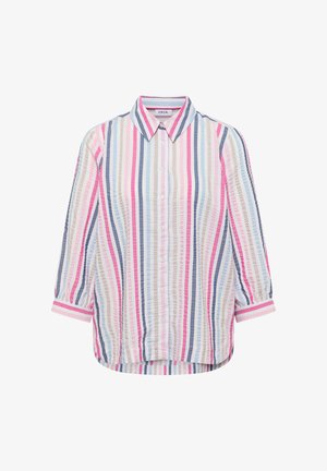 Hemd mit Knopfleiste und vertikalen Streifen in Pink, Blau, Beige und Weiß, mit spitzem Kragen und dreiviertellangen Ärmeln mit Manschetten.