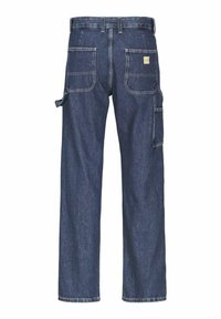 Pantaloni de lucru din denim de culoare bleumarin. Au picioare largi, multiple buzunare și un loc pentru ciocan. Finisajul include un patch cu logo de culoare portocalie și cusături contrastante.