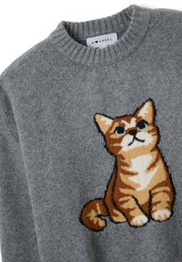 Grijze trui met ribbelkraag en een geborduurd ontwerp van een oranje tabby kat. Zachte textuur, gedetailleerde gezichtskenmerken en kleurrijke accenten.