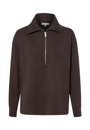 Pull marron foncé à manches longues avec un demi-zip devant et un large col, en tissu doux, taille small.