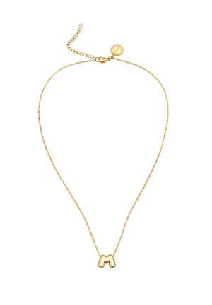 Gouden ketting met M-vormige hanger en verstelbare sluiting met een kleine cirkelvormige bedel.