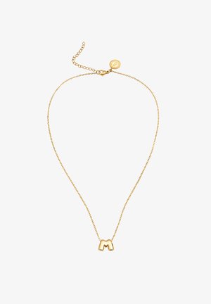 Collier en chaîne dorée avec pendentif en forme de M et fermoir ajustable avec un petit charme circulaire.