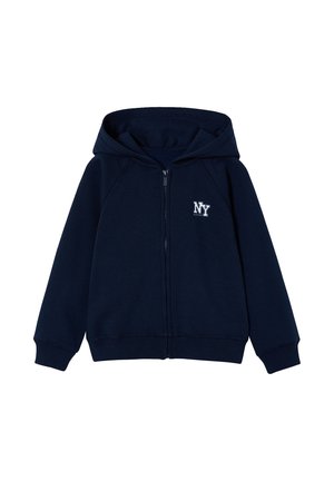 Navy blue zip-up hoodie with front pockets, ribbed cuffs, and "NY History" white logo on the left chest.