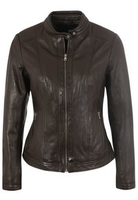 Braune Lederjacke mit Stehkragen, Reißverschluss und zwei Seitentaschen. Verfügt über dezente Nähte an den Schultern und an den Seiten.