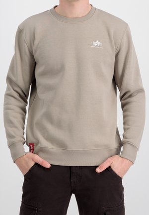 Mężczyzna noszący beżową bluzę z dekoltem typu crewneck z małym białym logo Alpha Industries na piersi oraz czerwoną metką z logo blisko brzegu, ręce w kieszeniach.