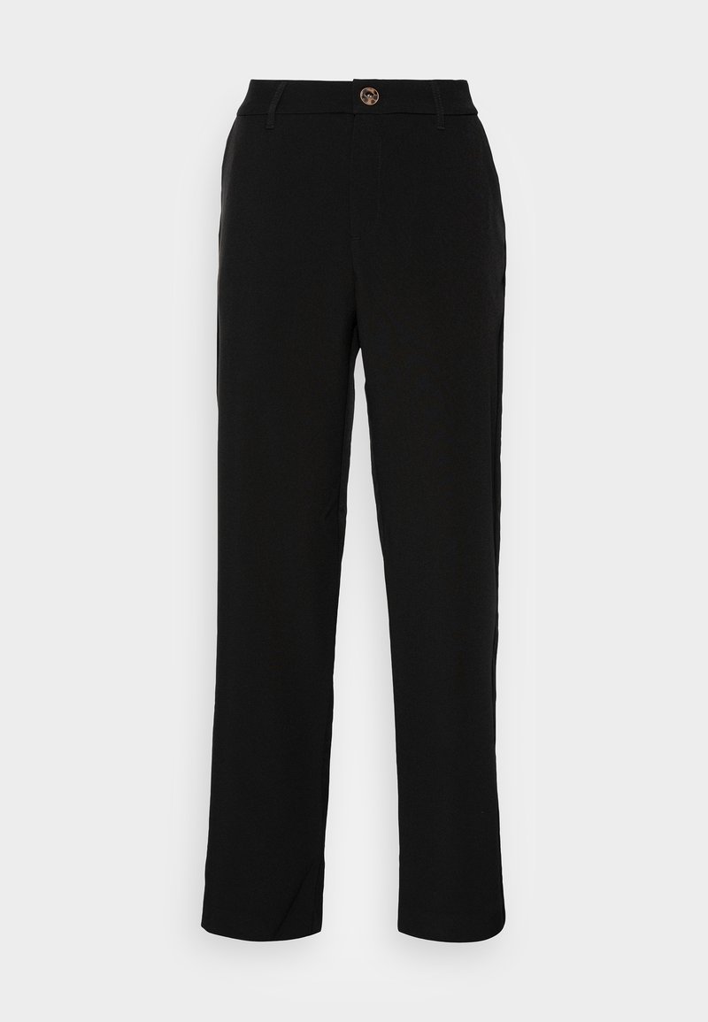 Pantalon noir à jambes droites avec une fermeture à bouton à la taille et des passants pour ceinture, présenté sur un fond blanc.
