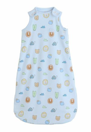 Light blue baby sleeping bag with snaps on shoulders, decorated with cartoon lions, tigers, bears, turtles, clouds, and mountains.