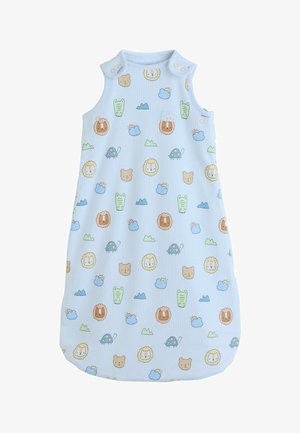 Hellblauer Babyschlafsack mit Druckknöpfen an den Schultern, dekoriert mit Cartoon-Löwen, Tigern, Bären, Schildkröten, Wolken und Bergen.