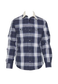 Marinblå och vit rutmönstrad flanellskjorta med en mjuk beige krage, som har två framfickor och svarta knappar längs knappslået.