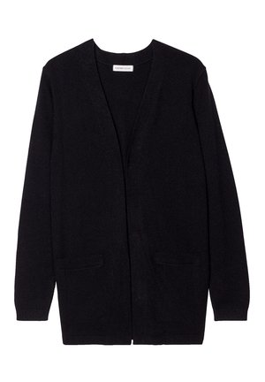 Black cardigan made of textured knit material. Features long sleeves, open front, and two front pockets. No fastenings or embellishments.