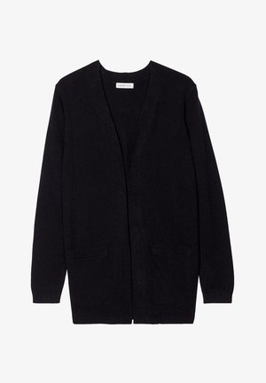 Black cardigan made of textured knit material. Features long sleeves, open front, and two front pockets. No fastenings or embellishments.