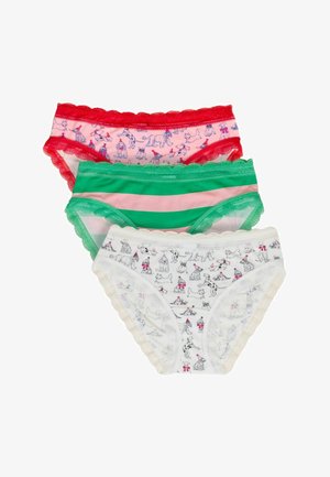 Drei Damen-Slips: ein Paar mit verspielten Hundemotiven auf Hellrosa, ein grünes gestreiftes Paar und ein weißes Paar mit einem ähnlichen Hundedesign.