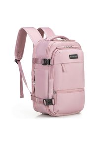 Mochila rosa hecha de tela suave, con múltiples compartimentos con cremallera, correas ajustables acolchadas y un asa de transporte reforzada.