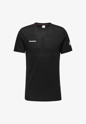 T-shirt nera a maniche corte realizzata in tessuto morbido, con collo rotondo, logo bianco "Mammut" sul davanti e un piccolo logo rotondo sulla manica.