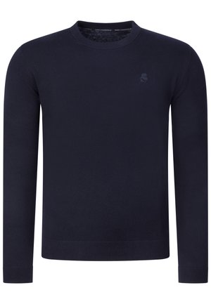 Pull bleu marine à manches longues et col rond, poignets et bas côtelés, petit logo embossé sur la poitrine gauche.