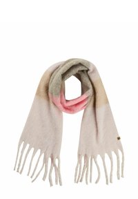 Zachte geweven sjaal met franjes in beige, lichtbruin, grijs en roze horizontale strepen, gevouwen met een lus in het midden.