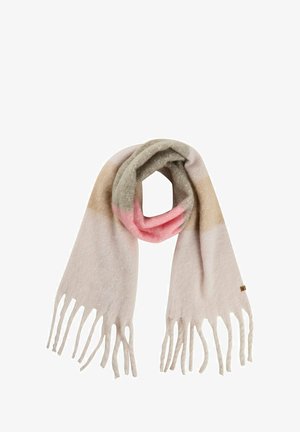 Écharpe douce tissée avec des franges, en beige, brun clair, gris et roses à rayures horizontales, pliée avec un centre en boucle.