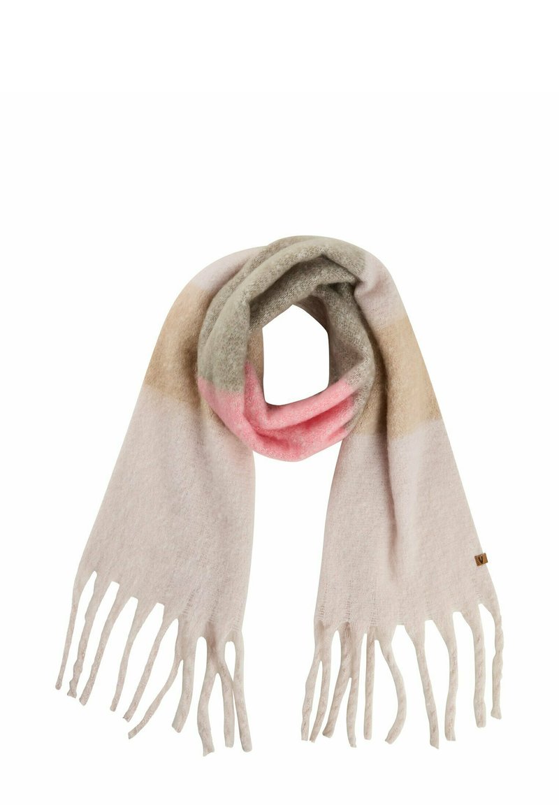 Zachte geweven sjaal met franjes in beige, lichtbruin, grijs en roze horizontale strepen, gevouwen met een lus in het midden.