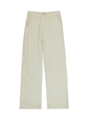 Pantaloni color beige chiaro a gamba larga con vita elasticizzata e tasche laterali. Tessuto liscio e strutturato con un sottile motivo verticale.