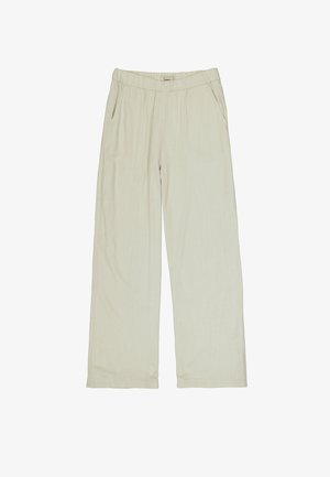 Pantalon beige clair à jambes larges avec taille élastique et poches latérales. Tissu lisse et texturé avec un motif vertical subtil.