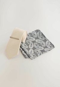 Beige Krawatte mit strukturiertem Finish und einer silbernen Krawattenklammer, kombiniert mit einem dunkel gemusterten Taschentuch mit weißen Paisley-Designs.