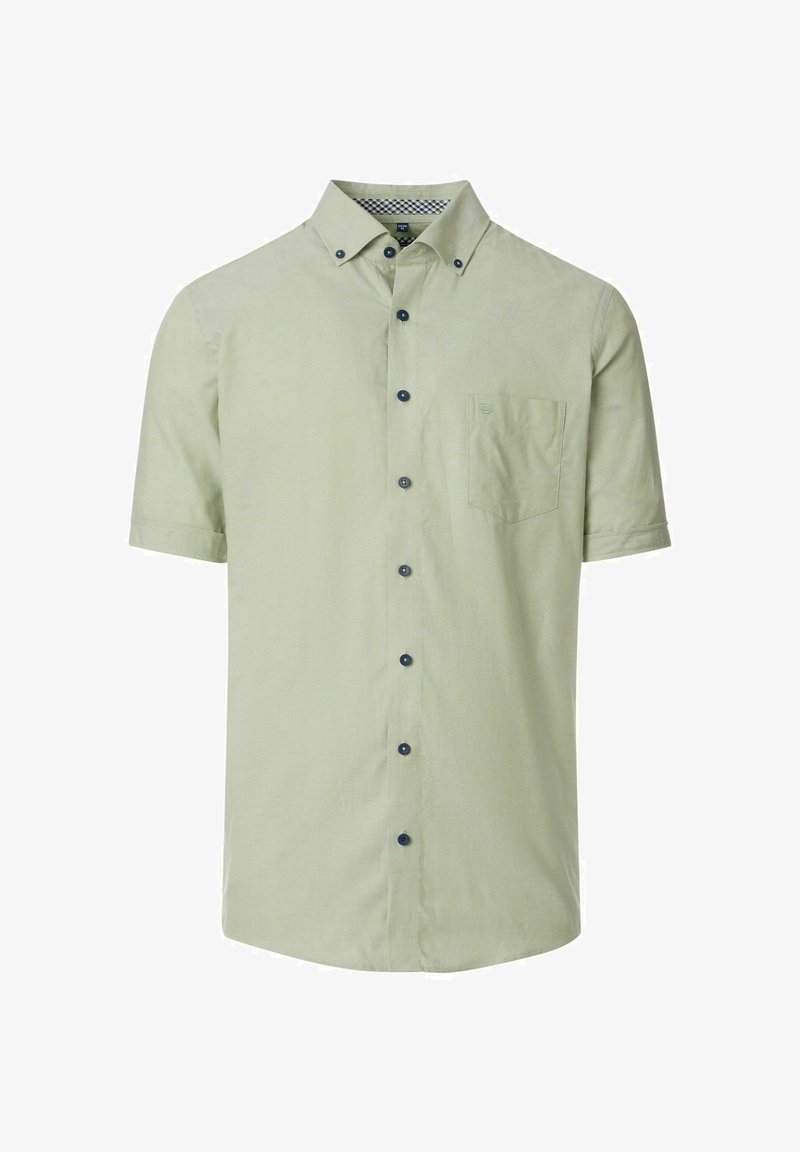 Korte mouwen overhemd in lichtgroene stof, met een knoopsluiting aan de voorkant, een borstzak en contrasterende donkergekleurde knopen, en een geruite kraag.