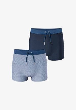 Twee zwembroeken voor mannen, één effen marineblauw en de andere lichtblauw met een klein wit cirkelpatroon, beide met een blauwe tailleband met trekkoord.