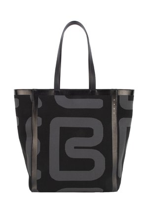 Czarna torba tote z dużym szarym geometrycznym wzorem i podwójnymi skórzanymi uchwytami.