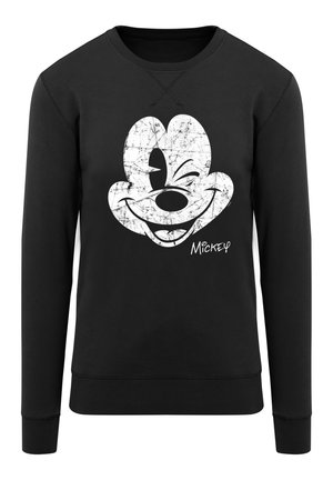 Black sweatshirt featuring a distressed white Mickey Mouse graphic on the front, round neckline, and long sleeves with ribbed cuffs.