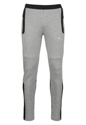 Grijze sweatpants met een zwarte elastische tailleband en zijzakken. Beschikt over een textuurstof en contrasterende zwarte zijpanelen.