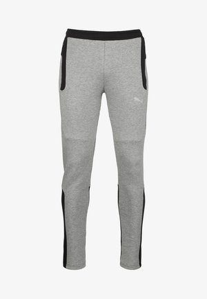 Pantalones de chándal grises con una cinturilla elástica negra y bolsillos laterales. Presenta una tela texturizada y paneles laterales en negro contrastante.