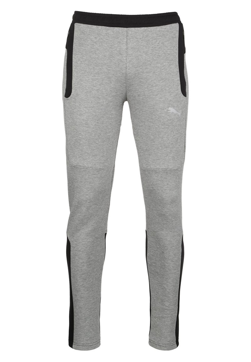 Grijze sweatpants met een zwarte elastische tailleband en zijzakken. Beschikt over een textuurstof en contrasterende zwarte zijpanelen.
