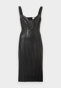 Μαύρο midi φόρεμα από δερματίνη με φαρδιές τιράντες, ραφές διακοσμητικές και ντεκολτέ καρδιάς.