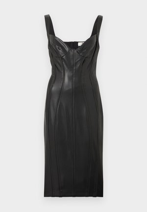 Μαύρο midi φόρεμα από δερματίνη με φαρδιές τιράντες, ραφές διακοσμητικές και ντεκολτέ καρδιάς.