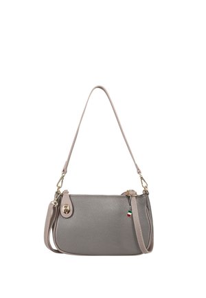 Gray textured leather handbag with two detachable straps, gold-tone hardware, and a small Italian flag charm on a zipper pull.
