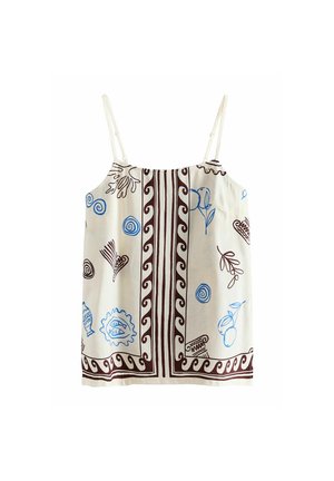 Maiou alb cu bretele subțiri, cu imprimeuri abstracte și botanice albastre și maro, și margini verticale și orizontale maro îndrăznețe.