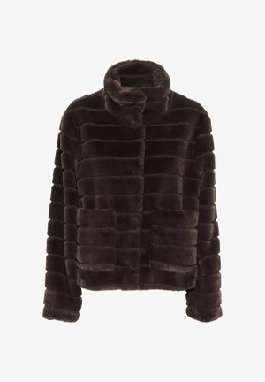 Brown faux fur jacket with a high collar, featuring a striped design and two front pockets. Soft texture, cropped length, and no visible fastenings.