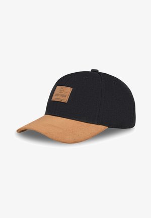 Black cap with a tan suede brim, featuring a rectangular brown leather patch with text and logo. Stitching enhances structural design.