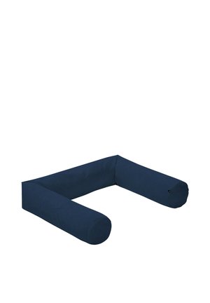U-shaped large dark blue body pillow with cylindrical arms, designed for support and comfort.