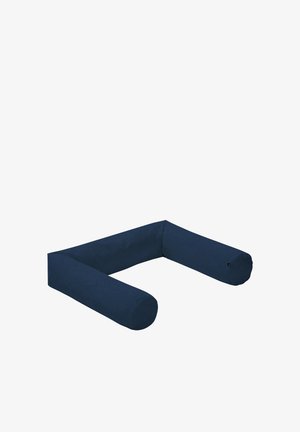 U-shaped large dark blue body pillow with cylindrical arms, designed for support and comfort.