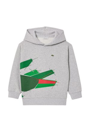 Felpa grigia con cappuccio caratterizzata da un design grafico in verde e rosso con forme angolari. Tessuto morbido, polsini e vita a costine. Logo Lacoste presente.