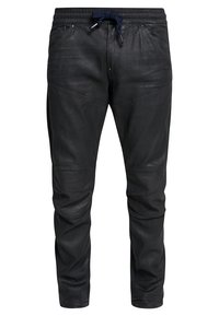 Pantalones jogger de cuero negro con una cinturilla ajustable, que cuentan con bolsillos laterales y costuras en las rodillas para añadir textura.