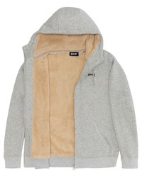 Grijze zip-up hoodie met een zachte tan fleece voering. Heeft een capuchon, voorzakken en een klein merklogo op de borst. Zachte textuur overal.