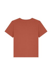 Koperkleurig, T-shirt met korte mouwen en een ronde halslijn, met een gladde, katoenachtige textuur. Eenvoudig, onversierd ontwerp.