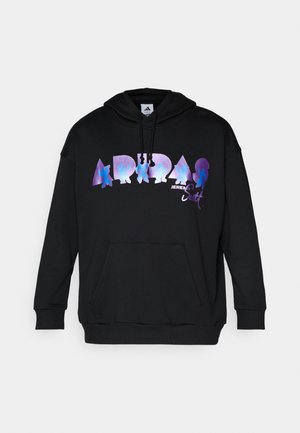 Black hoodie featuring a large, colorful gradient "ADIDAS" logo with a design by Jeremy Scott, kangaroo pocket, and drawstring hood.