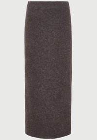 Jupe crayon en tricot marron foncé avec un tissu doux et texturé. Longueur cheville avec une taille ajustée pour une silhouette épurée.