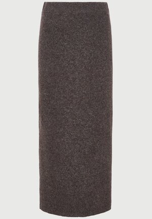 Tumepruunist kudumistest seelikutest, millel on pehme tekstuuriga kangas. Põlveni ulatuv, sobiv vöökoht tagab voolujoonelise silueti.