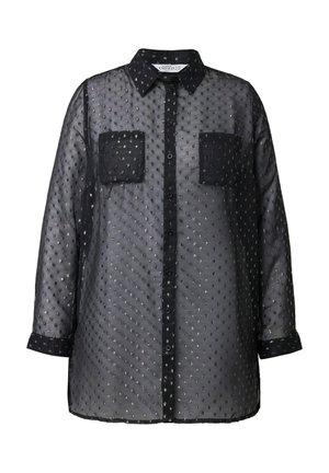 Zwarte doorschijnende blouse met een gouden stippenpatroon, lange mouwen, knoopsluiting aan de voorkant en twee opgestikte zakken. Gladde textuur met een relaxed fit.