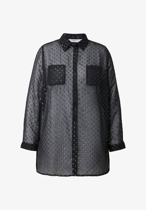 Zwarte doorschijnende blouse met een gouden stippenpatroon, lange mouwen, knoopsluiting aan de voorkant en twee opgestikte zakken. Gladde textuur met een relaxed fit.