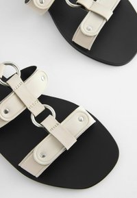 Sandali leggeri beige con due ampie cinghie, lavorazione in argento e decorazioni a cerchio; suola nera testurizzata; design piatto.